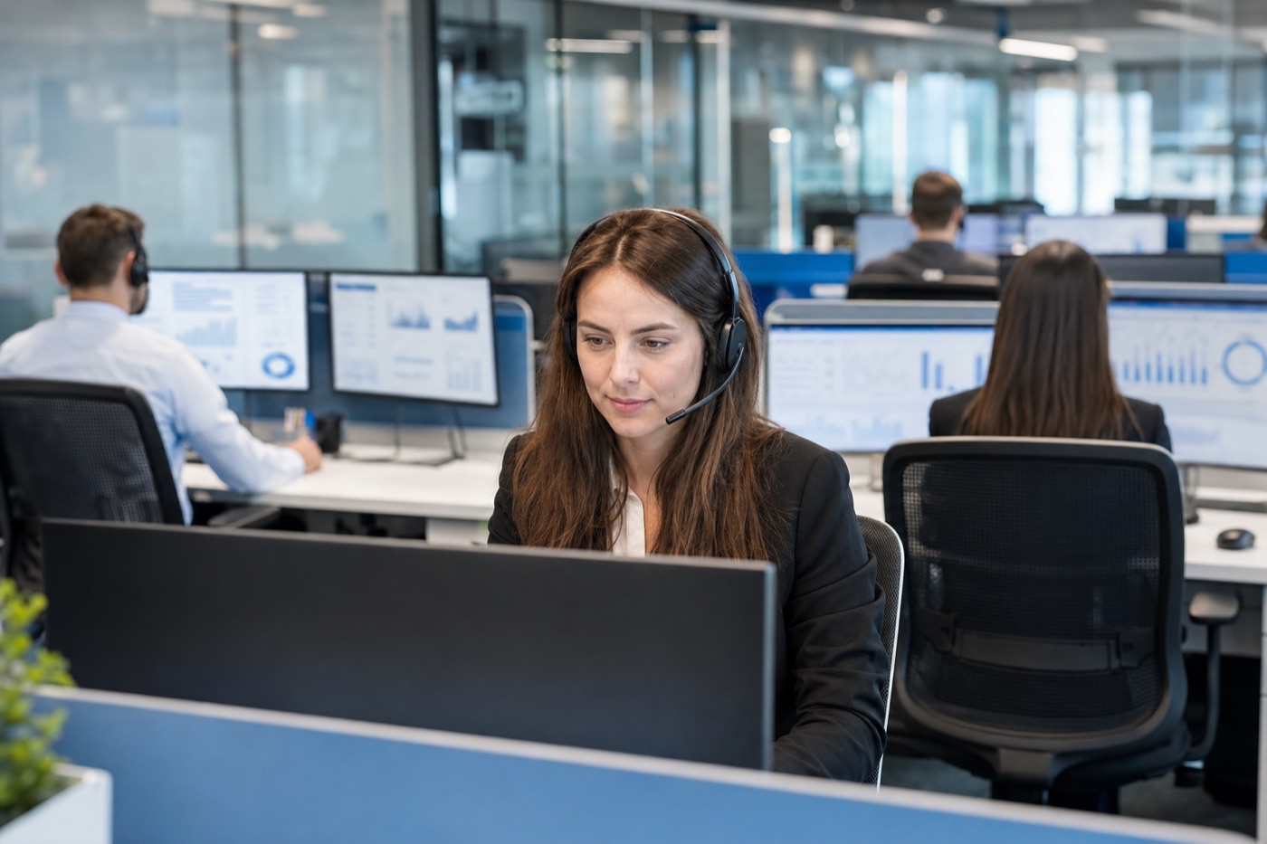 Team customer service al lavoro in un ufficio operativo.